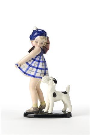 Goldscheider Scultura a tutto tondo raffigurante una bambina con cagnolino in ce