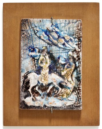 Ugo Lucerni Piccola formella in ceramica smaltata in policromia montata su un pa