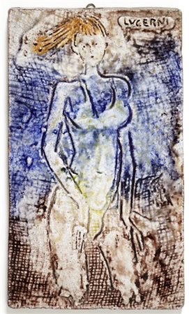 Ugo Lucerni Formella in terracotta smaltata in policromia con figura femminile i