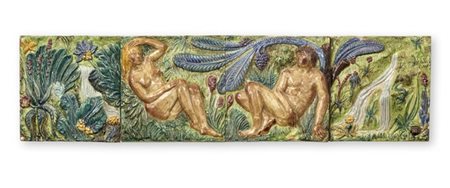 Specchio da toilette formato da quattro formelle a bassorilievo in maiolica pol