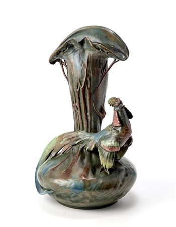 Eduard Stellmacher Grande vaso scultura verde e prugna a lustri metallici con fa