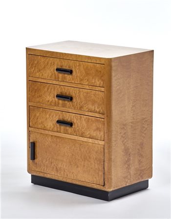 Mobiletto di gusto déco in legno impiallacciato in radica a tre cassetti e anta