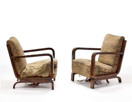 Lotto composto da due poltrone Novecento in legno impiallacciato in radica con
