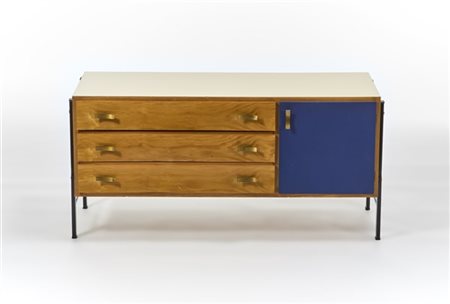 Mobiletto in legno a tre cassetti ed antina rivestita in similpelle blu, gambe