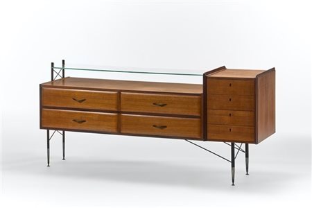 Credenza in legno impiallacciato e bordato a otto cassetti con piano in cristal