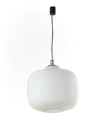 Lampada a sospensione con diffusore in vetro incamiciato lattimo e acidato sull