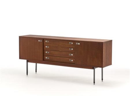 Sideboard a due ante laterali e quattro cassetti centrali in legno di teak impi