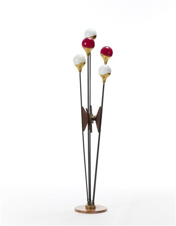 Lampada da terra detta "Alberello" a cinque luci globulari in vetro rosso e lat