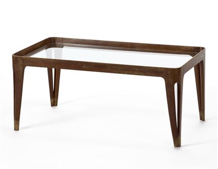 Tavolino da salotto con struttura in legno massello, gambe a forcella, piano in