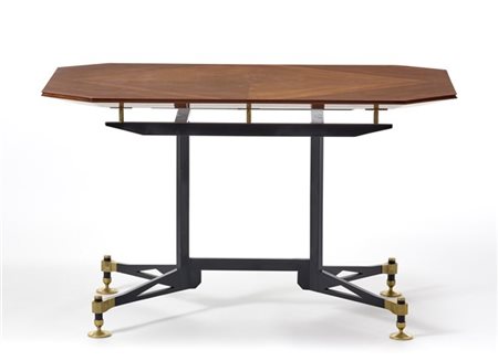 Tavolo/scrivania con piano ottagonale in legno impiallacciato, struttura in met