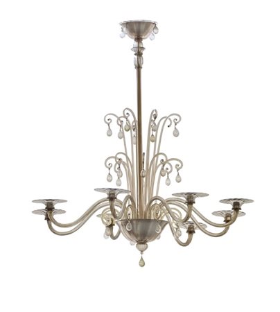 Manifattura di Murano Lampada a sospensione a otto braccia. Anni '20/'30. Vetro