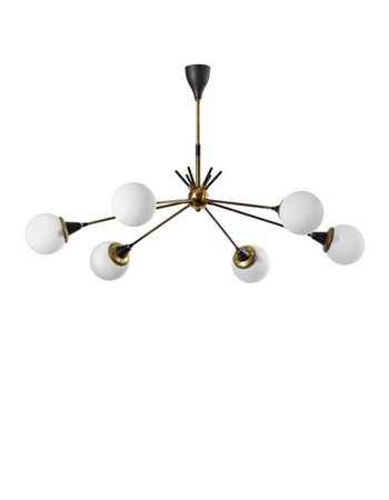 Lampada a sospensione a sei luci con struttura in metallo verniciato nero e ott