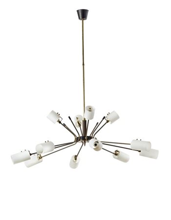 Lampada a sospensione a dodici luci disposte su due ordini con struttura in ott