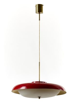 Stilnovo Lampada a sospensione. Milano, 1955ca. Metallo verniciato rosso, bianco