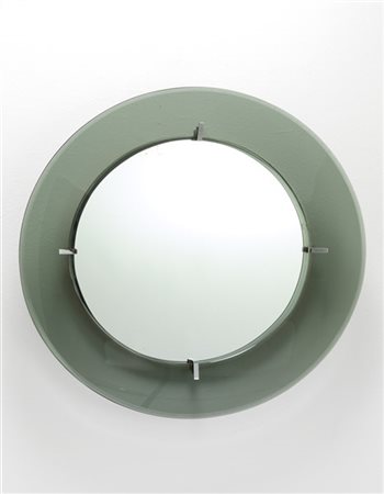 Specchio con cornice in cristallo fumé, struttura in metallo cromato. Italia, a