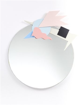 Alessandro Mendini Specchio circolare con elementi in legno verniciato azzurro,