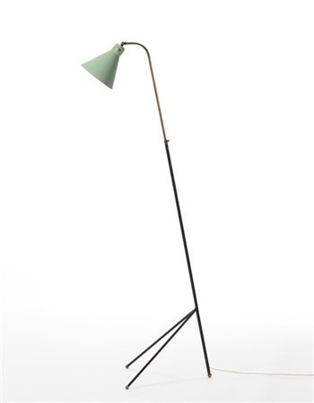 Lampada da terra tripode con struttura in acciaio verniciato nero e ottone, par