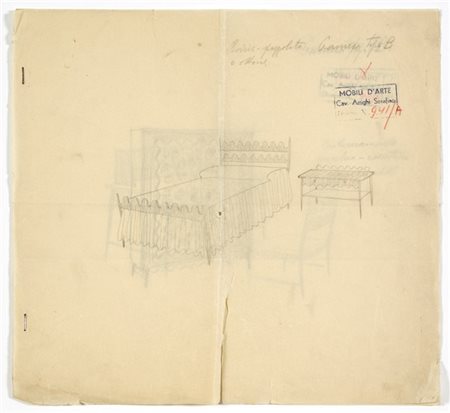 Paolo Buffa "Studio per Camera tipo B"
Disegni su tre fogli per l'arredo di una