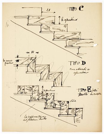 Gio Ponti Due studi rispettivamente per balustre scale in Xantal e per tre tipol