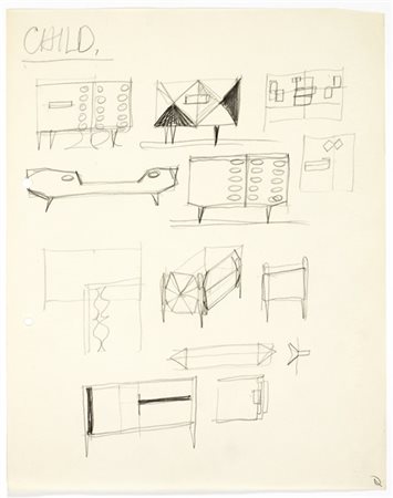 Gio Ponti "Child."
Studi per mobili per bambini. Milano, anni '50. Matita su car