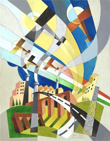 Italo Ferro (1880 - 1934) AEROPITTURA olio su tavola, cm 40,5x31,5 firma