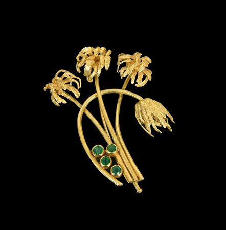 Franco Canilla (1911 - 1984) SPILLA PALME CON SMERALDI in oro giallo 18kt e 4...