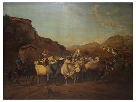 Charles Coumont (1822-1889)  - Mandria di buoi con mandriano a cavallo,  19° secolo
