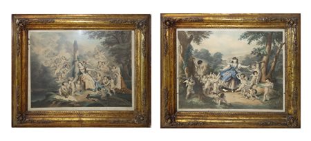 Coppia di cornici in legno dorato con stampa, second half of the 19° secolo