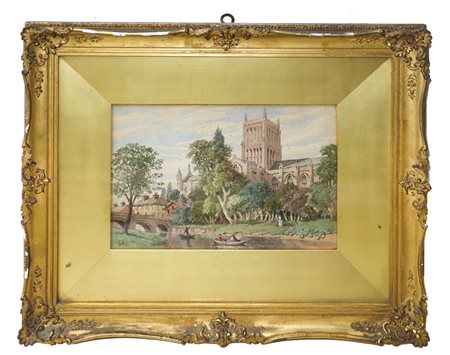 Dipinto raffigurante cattedrale su paesaggio fluviale,  19° secolo
