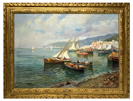 Emanuele Costa (Firenza 1875-1959)  - Marina con barche, 20° secolo