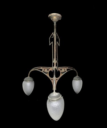 Lampadario Liberty a quattro luci in metallo e pigne di vetro, Inizi 20° secolo