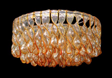 Mazzega - PLAFONE CON STRUTTURA IN METALLO CROMATO DI FORMA CIRCOLARE ED ELEMENTI IN VETRO TORCHON TRASPARENTE CON FINITURA LUNGO I BORDI NEI TONI DELL'AMBRA