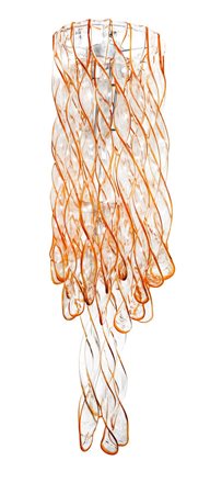 Mazzega - Lampadario a sospensione con struttura in tondino metallico cromato di forma circolare disposto su più ordini ed elementi in vetro torchon trasparente con finiture lungo i bordi nei toni dell'ambra, 60's