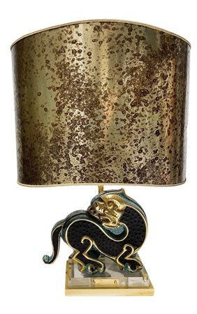 Capodimonte - Lampada raffigurante drago. Smaltato nei toni del turchese e nero, con base in lucite, anni 70. 