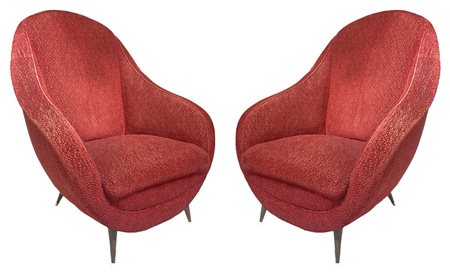 Industria Salotti e Arredamenti  ISA Bergamo (1940-1970)  - Anni ‘50. Coppia di poltrone, struttura in legno, piedi in ottone