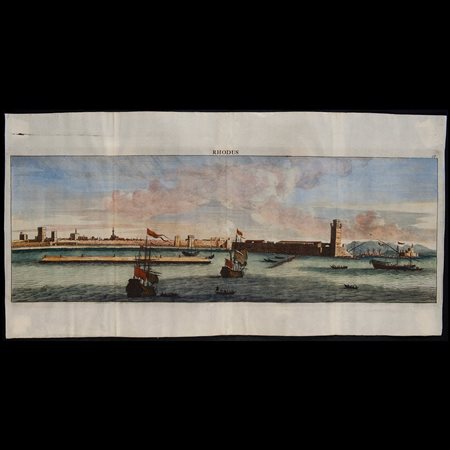 Vista della città di Rodi con navi turche, incisione dipinta del XVIII secolo