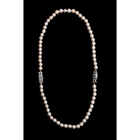 COLLANA di perle con susta in oro e argento e diamanti