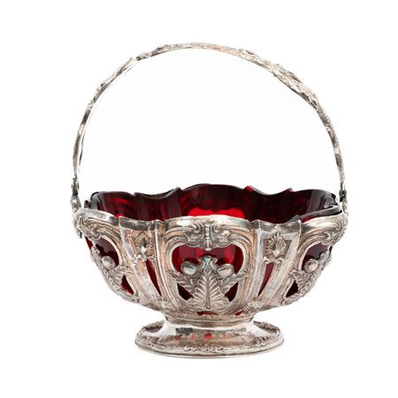 CESTINO in argento sbalzato con coppa in vetro