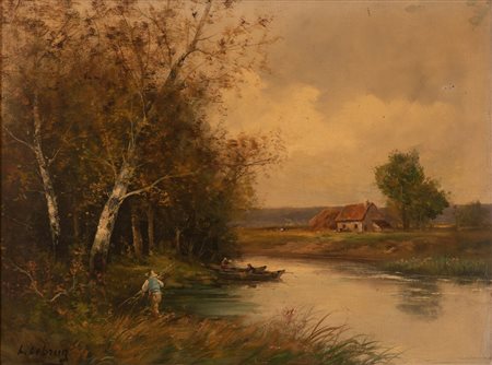  
Paesaggio fluviale con barche 
Olio su tela cm 50x65; con cornice cm 62x78