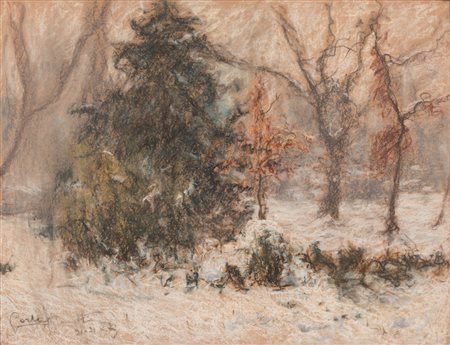 Carlo Aimetti (Bisuschio, 1901 - Milano , 1987) 
Pasaggio boschivo 
Olio su tavola cm 50x65; con cornice cm 75x90