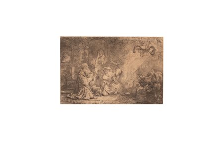 Rembrandt (da) (Leida, 1606 - Amsterdam, 1669) 
La famiglia di Tobia e l'angelo 
bulino cm 10,5x15,5