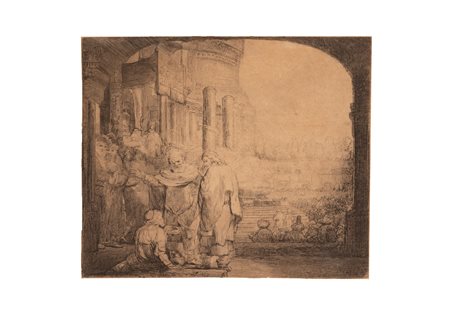 Rembrandt (da) (Leida, 1606 - Amsterdam, 1669) 
Pietro e Giovanni guariscono uno storpio davanti al tempio 
acquaforte cm 18x21