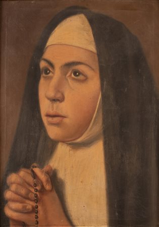 Anonimo del XIX secolo - (Attribuibile)  Emilio Rubei ( - ) , ( - ) 
Suora orante 
Olio su tela cm 45x34; con cornice cm 56x44