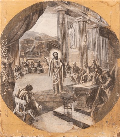 Enrico Bizzoni (L'Aquila, 1869 - Ascoli Piceno , 1935) 
Bozzetto S. Paolo che predica nell'aeropago 
Tempera e biacca su tela cm 125X110