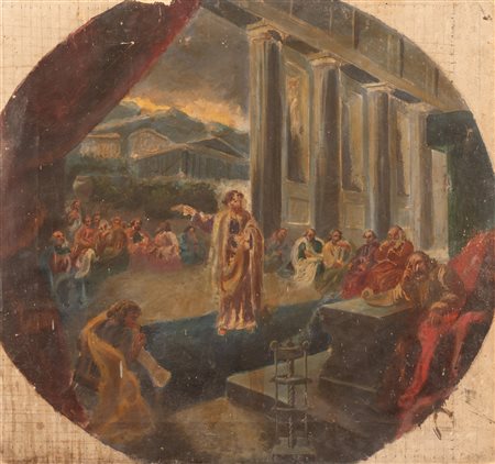 Enrico Bizzoni (L'Aquila, 1869 - Ascoli Piceno , 1935) 
Bozzetto S. Paolo che predica nell'aeropago 
Olio su tela cm 58x62
