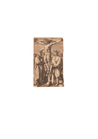 Marcantonio  Raimondi (da) (Bologna, 1480 - Bologna, 1534) 
Incisione da Albrecht durer Cristo in croce tra la vergine e San Giovanni 
cm 11,5x7 