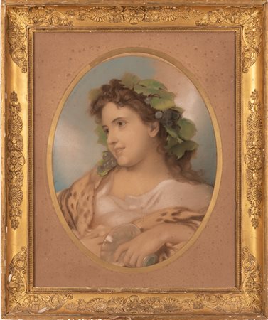  
Dipinto ovale raffigurante fanciulla con tralcio di vite 
Olio magro cm 59x44,5; con cornice cm 