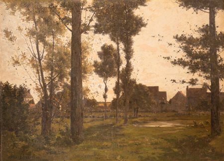 Albert Gosselin (Parigi, 1862 - Parigi, 1931) 
Paysage brumeux à l'aube 
Olio su tela cm 60x82; con cornice cm 97x122