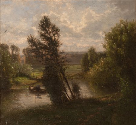 Scuola di Barbizon ( - ) 
Paesaggio fluviale 
Olio su tela cm 42x46; con cornice cm 58x63