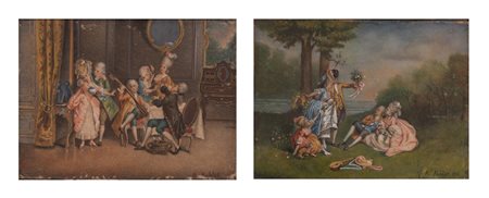 Anonimo francese del XVIII secolo ( - ) 
Coppia di miniature 
Tempere su carta 1) cm 11x15; 2) cm 16x21